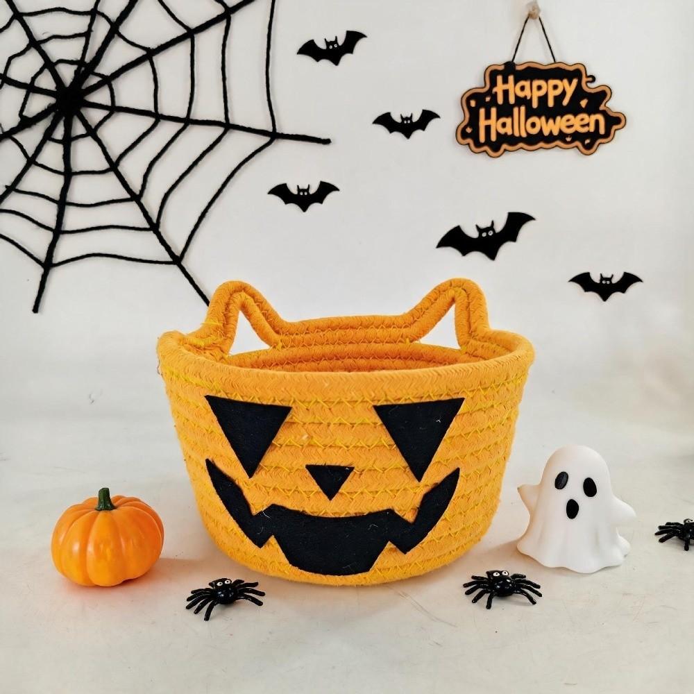with Double Ear Handles Orange Pumpkin Face Basket Holiday Candy And Trinket Organizer Makeup