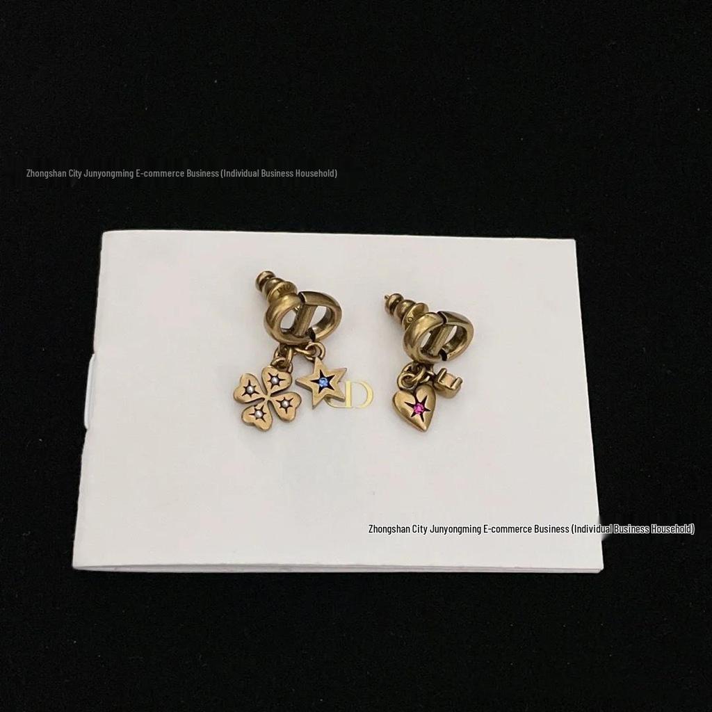 Retro D-Style Asymmetrical Colorful Clover Heart Star Diamond Earrings for Women - Niche Design by CD