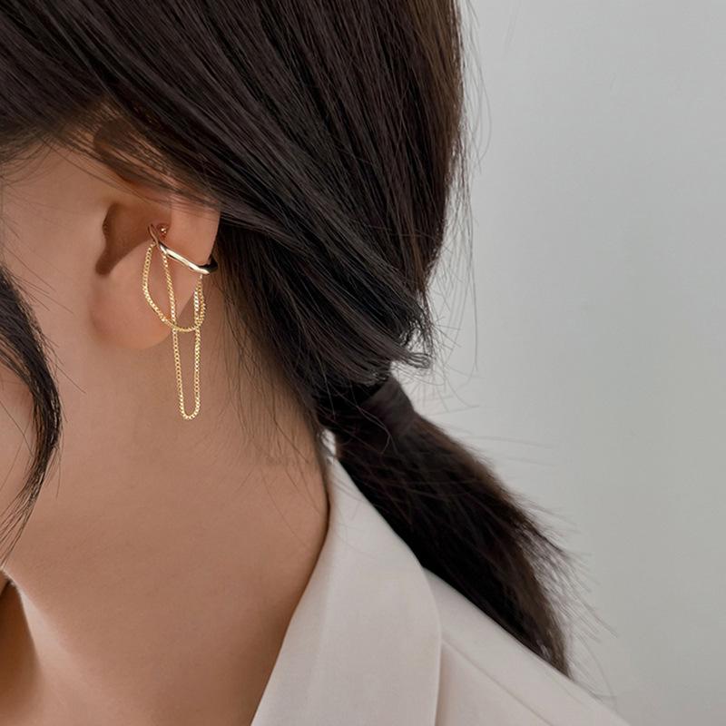 Необычные серьги-клипсы с цепочкой, серьги-косточки, без отверстия для уха, женские модные простые и холодные ветряные двухслойные серьги с бахромой, новые