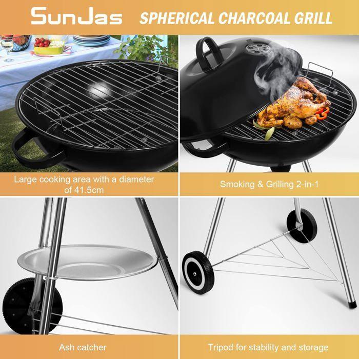 SunJas Barbecue a Charbon Rond, BBQ Mobile Barbecue Grill Portable De Jardin, Avec Couvercle Et 2 Roues - 46 44 70cm