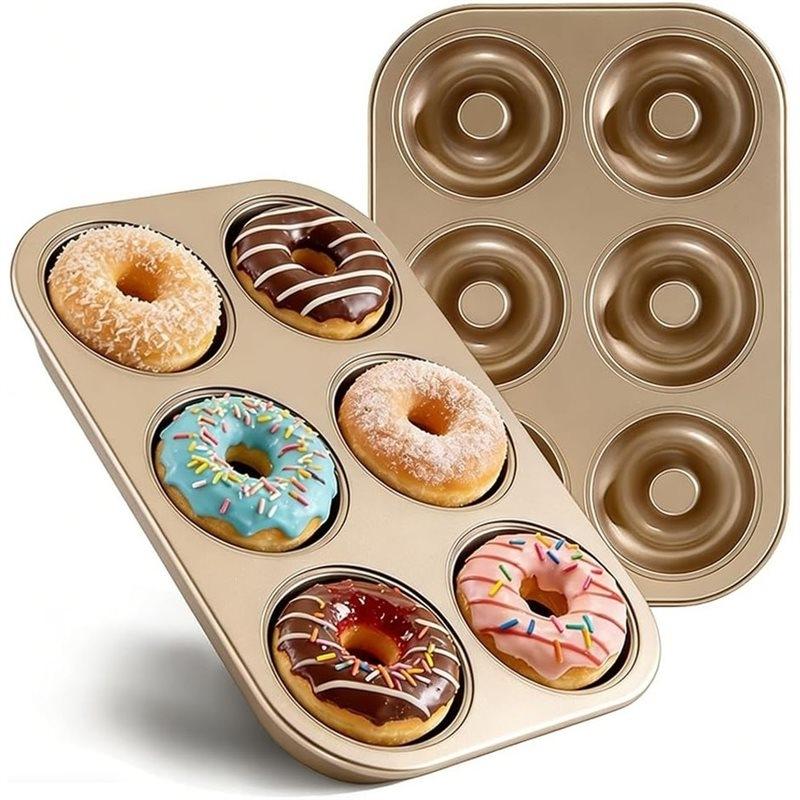 J1UL1N 2 Pack Nonstick Donut Pan, 6 Cavity Heavy Duty Steel Mini Bagel Mold, Oven Safe Doughnutbaking Tray (Gold, 6 Cup)