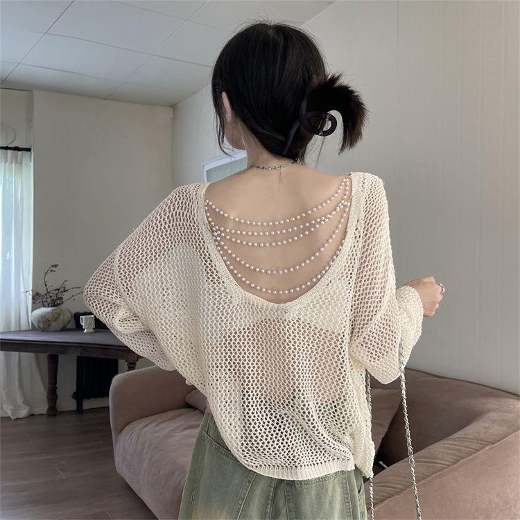 Sunscreen Knit Cardigan: Women's Backless Pearl Thin Long Sleeve Pullover for Summer & Early Autumn