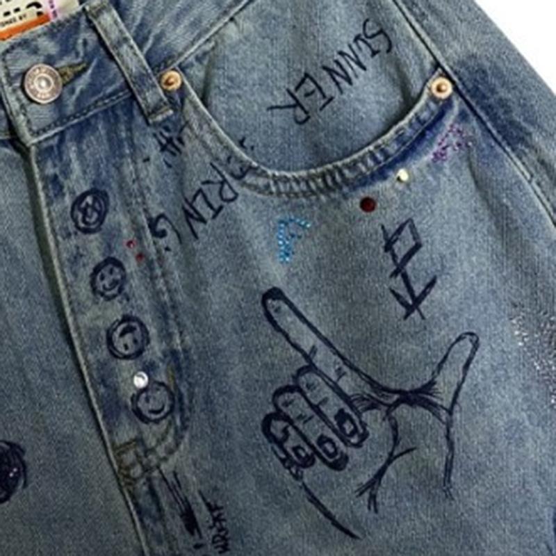 Cartoon Graffiti Jeans Trousers Female Autumn Winter High Waist Women Denim Pants Vintage Loose Wide Leg Pants 2023 New