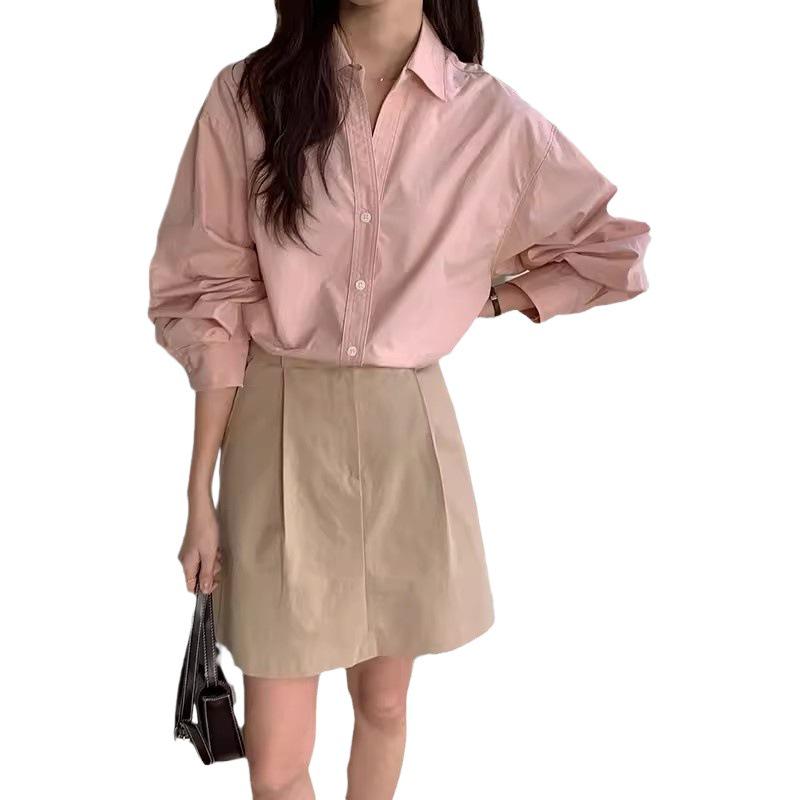 2025 Korean Chic French Style Loose-Fit Pink Long-Sleeve Shirt for Women