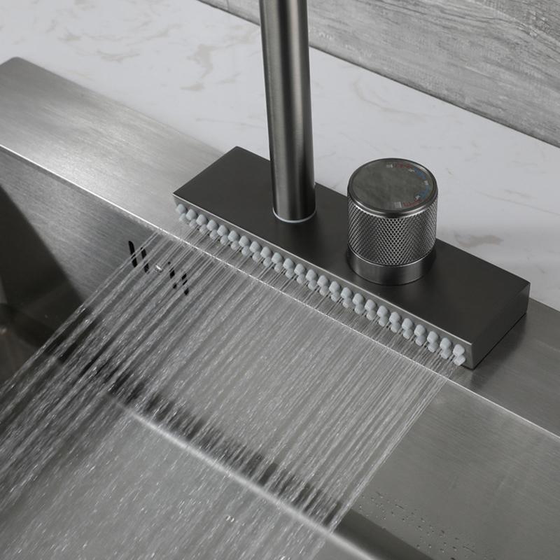 Серый водопад для раковины, кухонный кран, смеситель для горячей и холодной воды, умывальник, несколько водовыпусков, вращающийся кран для летающего дождя, одно отверстие