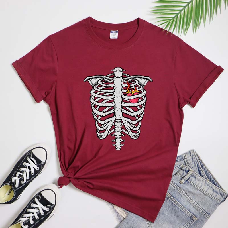 Gothic Skeleton Ribcage With Fireheart TShirt Apparel Aesthetic Unisex Heart Rib Cage Bones Tshirt Fantasy Y2k Goth Tee Top