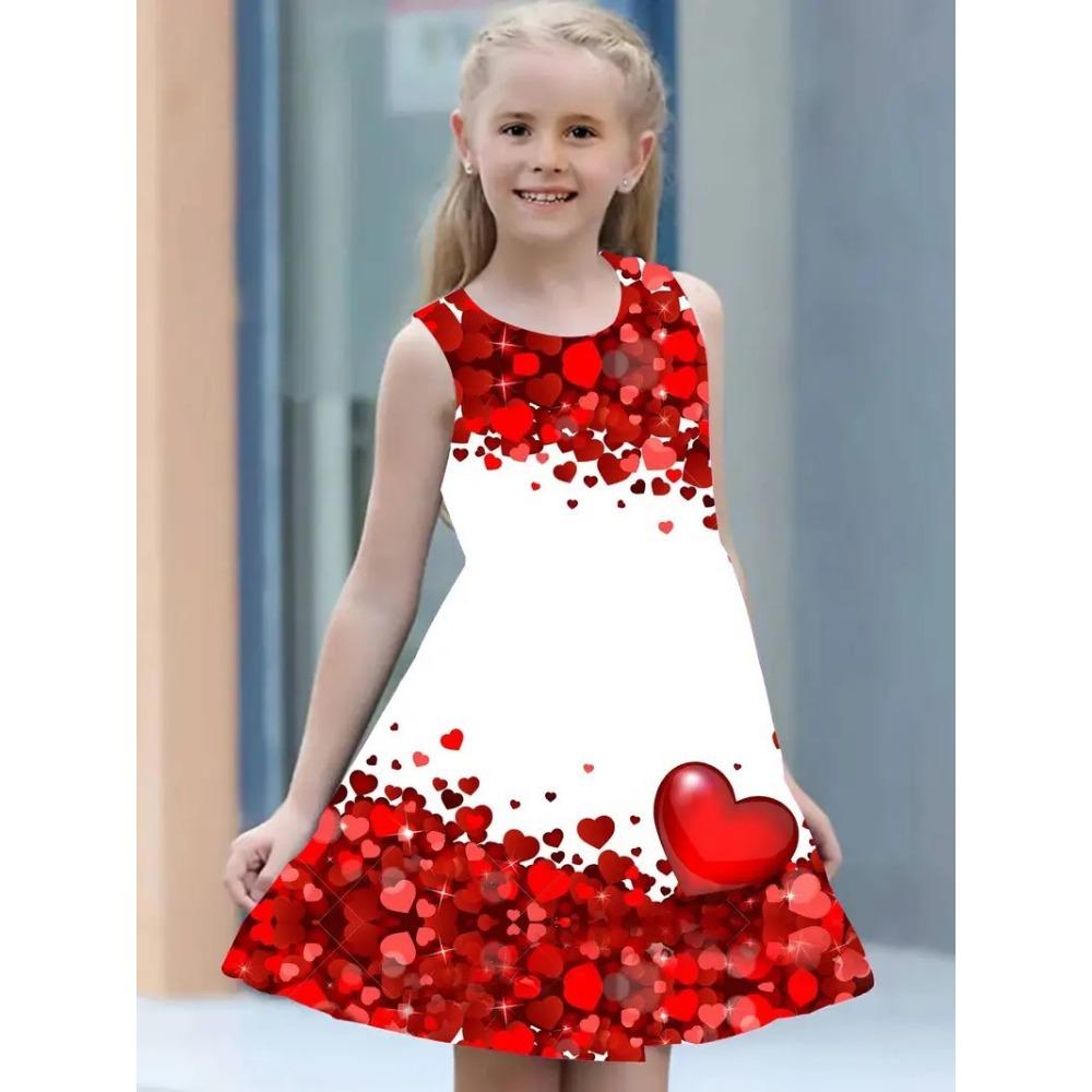 Fashion Girls Dresses Summer New Round Neck Vest Style 3D Printing Princess Skirt