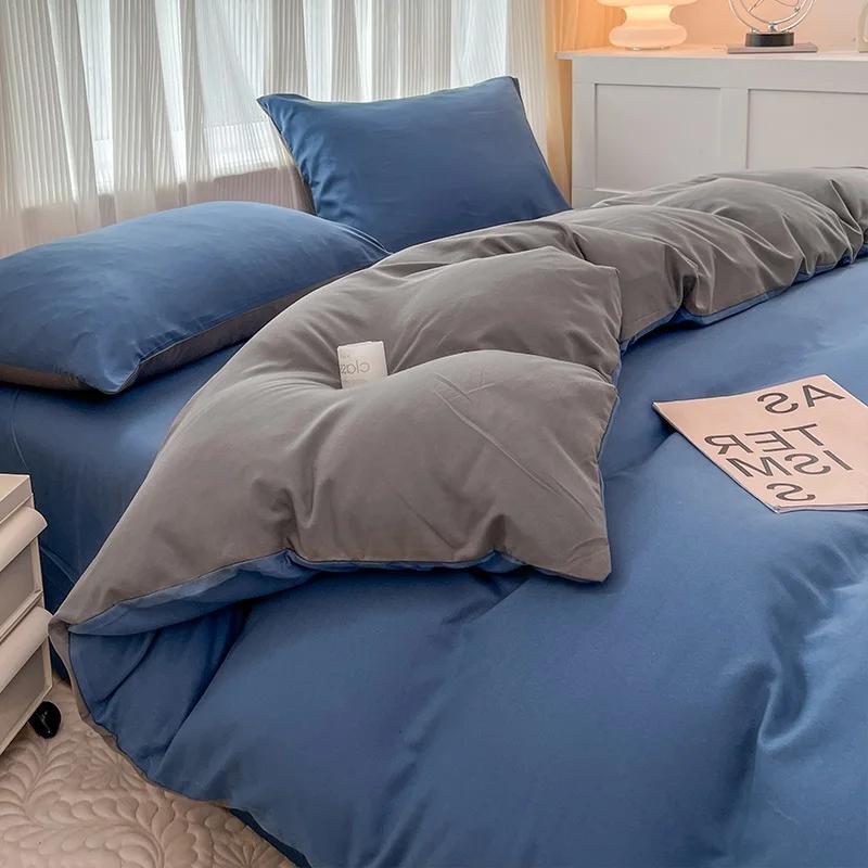 Double Sided Solid Brushed Fabric 4 Piece Bedding Set Duvet Cover Pillowcases Bed Sheet For Twin Queen King Size
