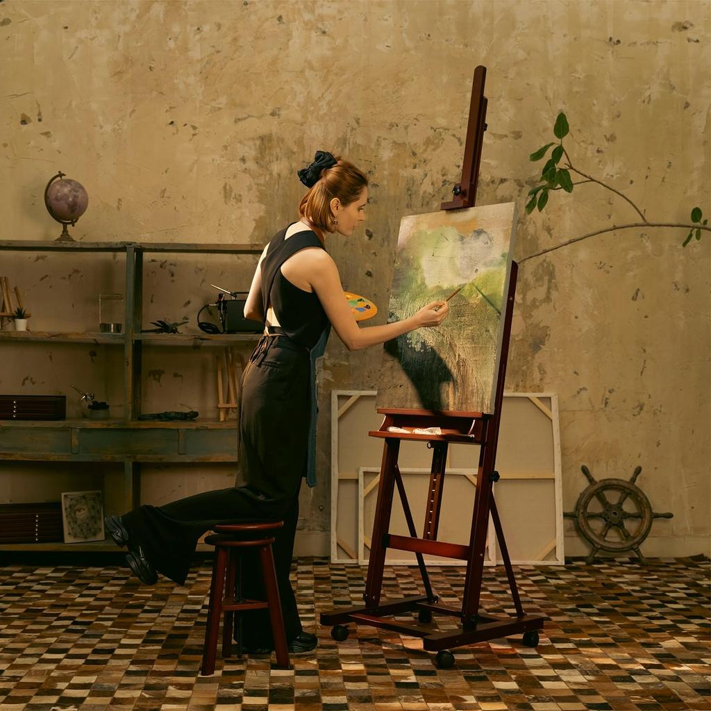 MEEDEN Мольберт Буковый Деревянный Большой Мольберт Регулируемый Угол Передвижной Вертикальное Хранение Включает Полку для Хранения Поддерживает Натянутый Холст до 236 см Прочный и