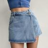 Women High-Waist Denim Shorts Retro Design Slim Fit Solid Color Fake Two Piece Skort Formal Casual Wear