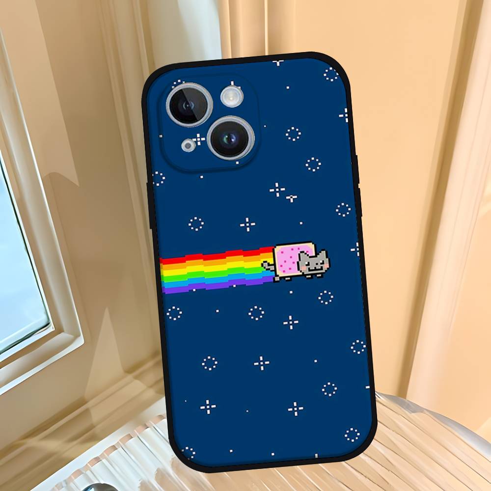 Милый забавный чехол для телефона с кошкой N-nyan Черный чехол для телефона, подходящий для iPhone 17,16,15,11,13,14 Pro Max,Plus,X,Xr,Xs Max,13Mini