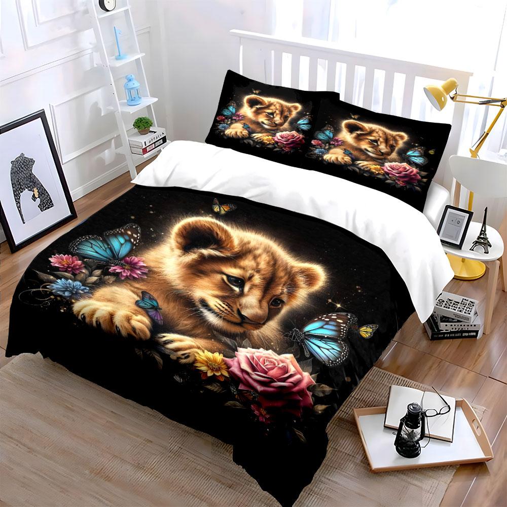 Lion cub, flowers, butterflies. Bedding sets Duvet cover sets Duvet covers Pillowcases(1 * Duvet Cover 2 * Pillowcases without duvet insert)
