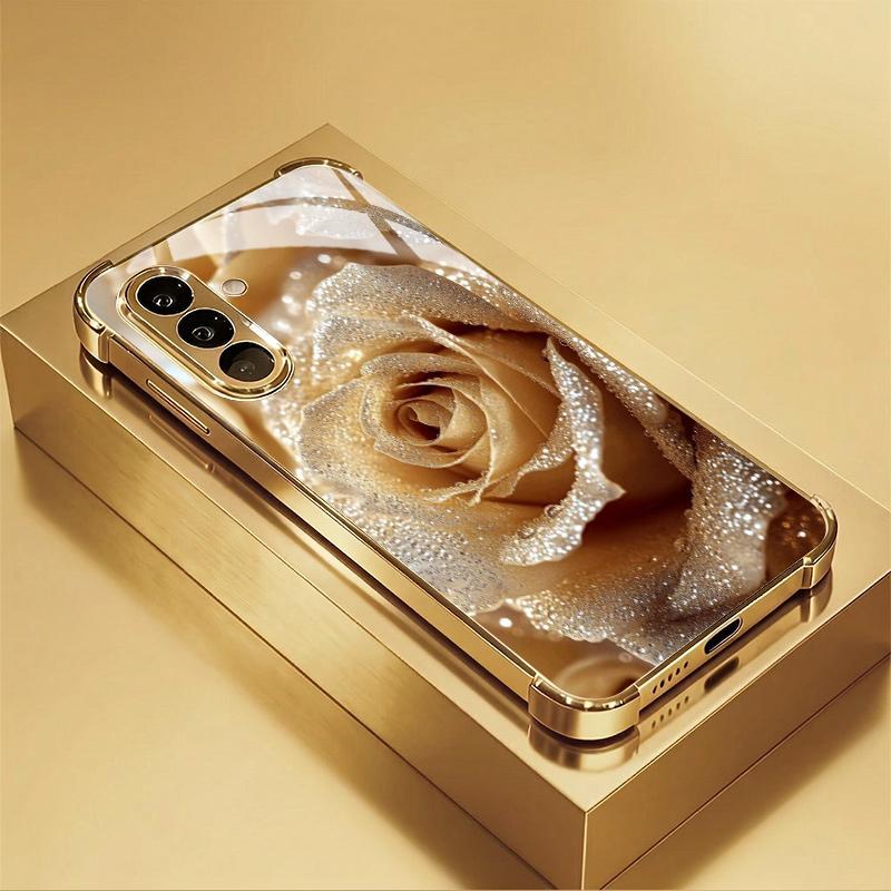 Стеклянный чехол для телефона с узором из золотых роз, подходит для Samsung Galaxy S26 S25 S24 S23 S22 S20FE/Ultra/Plus, противоударный чехол с усиленными углами