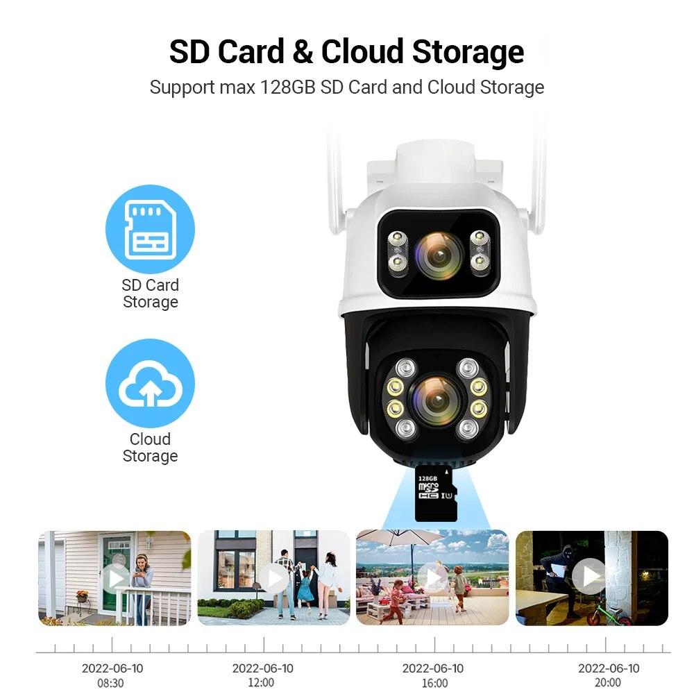 8МП 4K PTZ Wi-Fi камера с двумя объективами и двумя экранами, с ИИ обнаружением человека, автоматическим слежением, беспроводная уличная камера видеонаблюдения