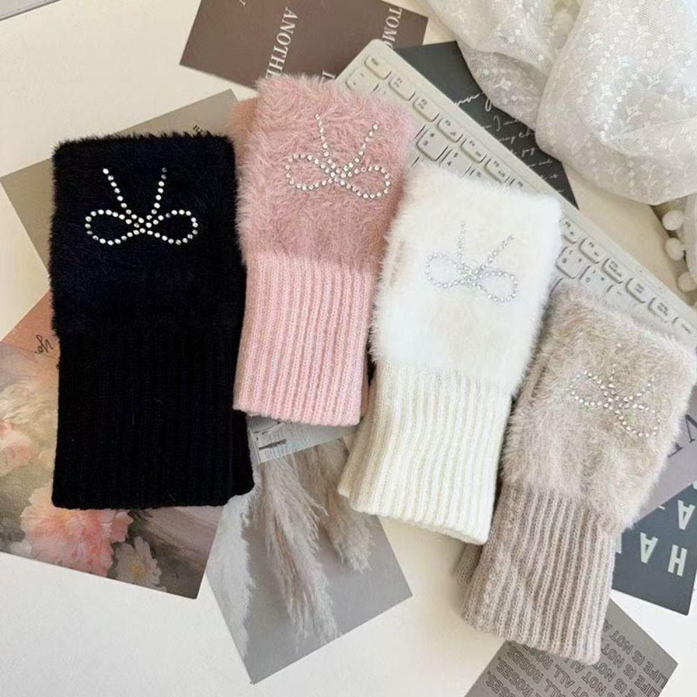 Hotfix Rhinestone Knitted Gloves Plush Half Finger Mittens Soft Bow Gloves Cycling