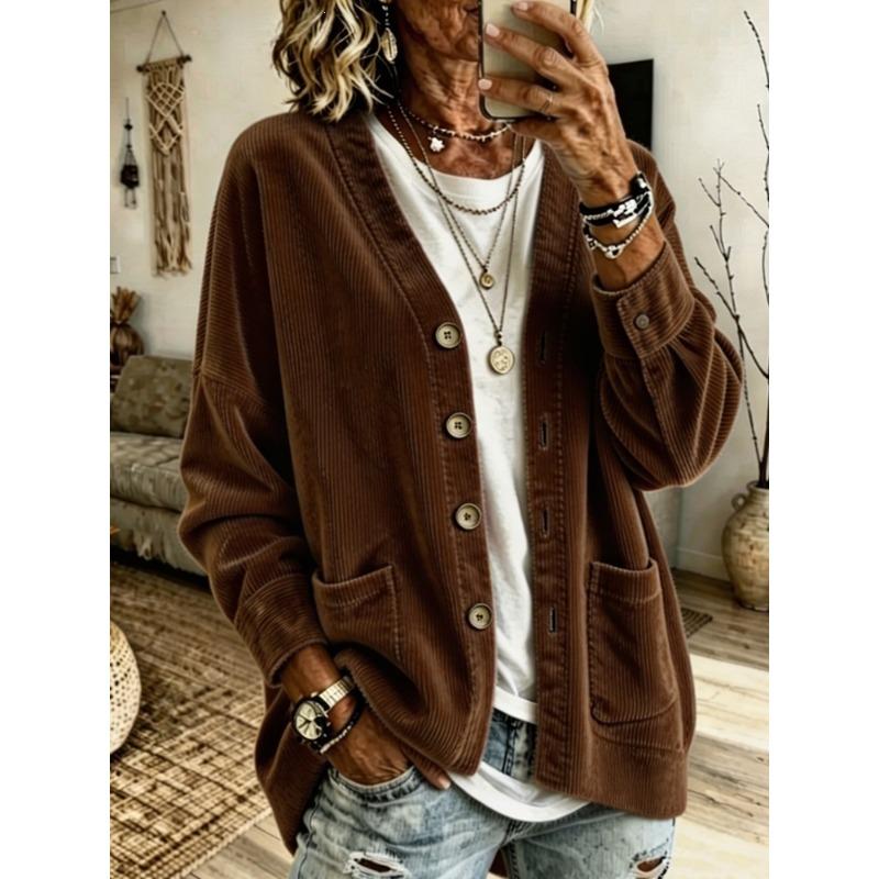 Women S Fall Lazy Style Corduroy V Neck Loose Drop Shoulder Button Cardigan Coat