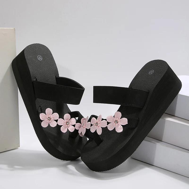 Модные простые шлепанцы на высоком каблуке с цветком, женские новые, больших размеров, на толстой подошве, сандалии, женские летние пляжные нескользящие танкетки, слайды Mujer