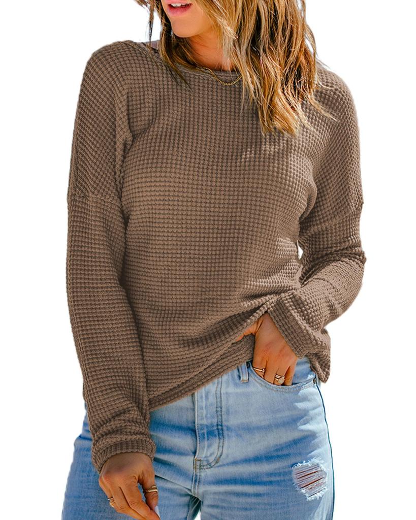 Azura Exchange Dark Brown Waffle Knit Drop Shoulder Long Sleeve Top