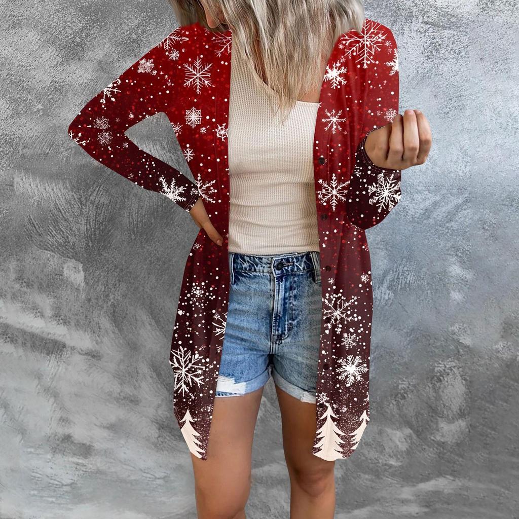 Women's Fashion Casual Long-sleeved Print Medium Length Cardigan Button Jacket Coat