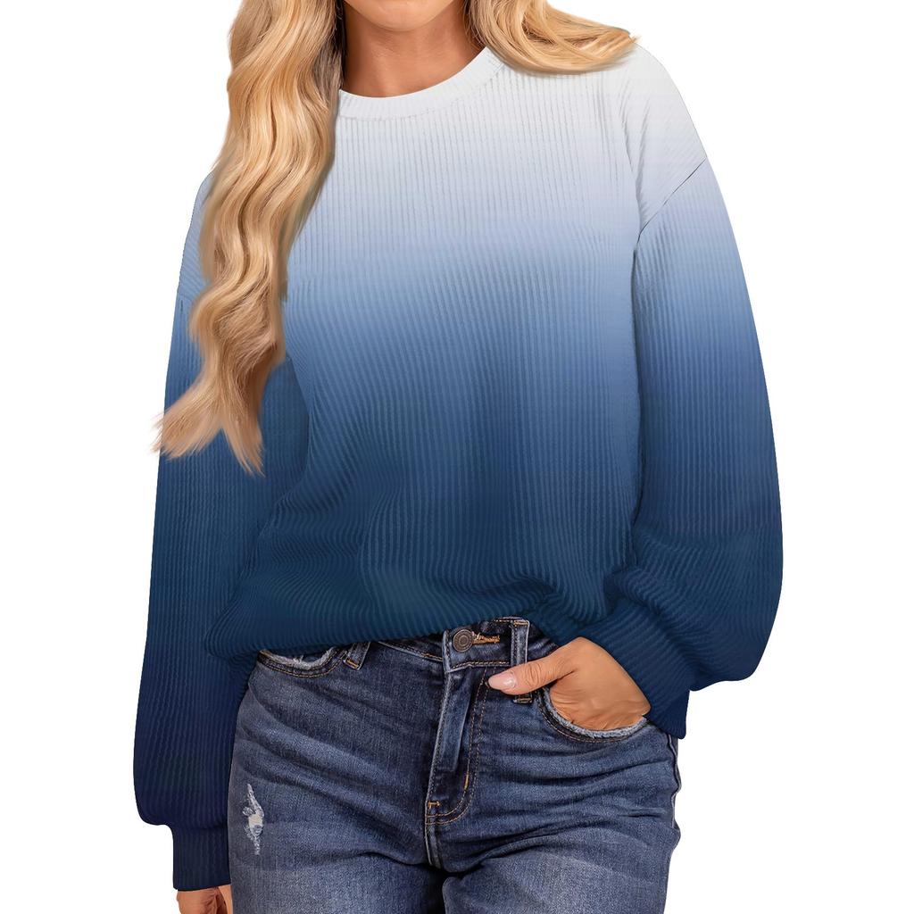 Женские повседневные свободные туники, топы с круглым вырезом, трикотажные ребристые рубашки с принтом, длинный рукав, пуловер, топ