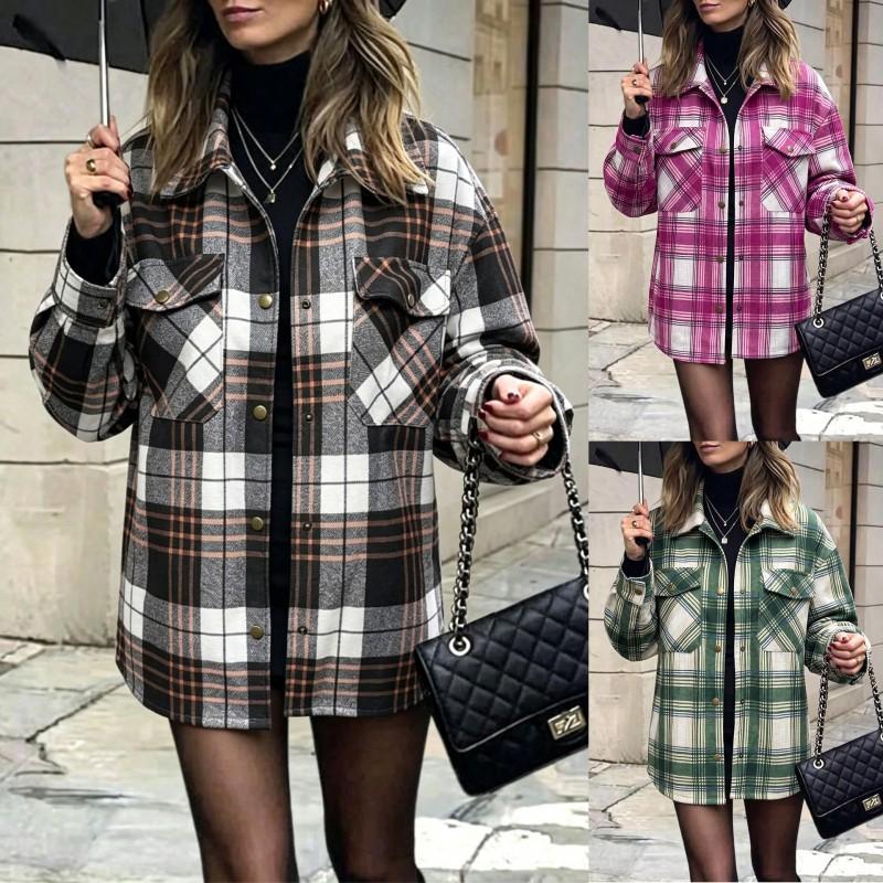 Womens Oversized Plaid Shirt Jacket With Lapel Collar Casual Coat
