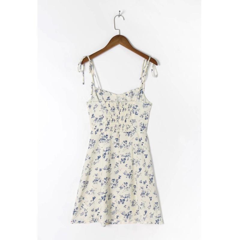 YPFF Summer French-Style Petite High Waist Floral Camisole Dress with Tie Shoulders