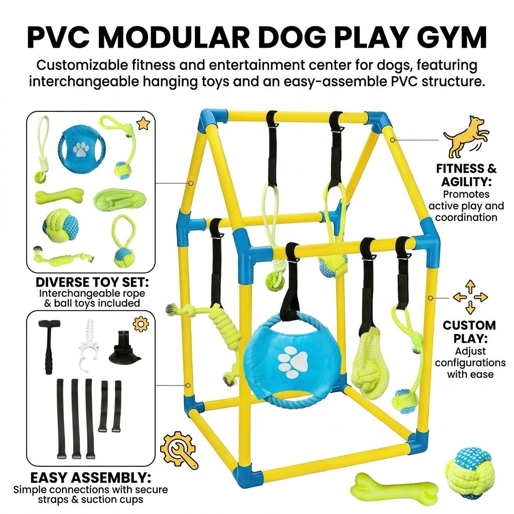 PVC Modular Dog Gym Frame With Hanging Toy Bracket For Small Medium Dogs