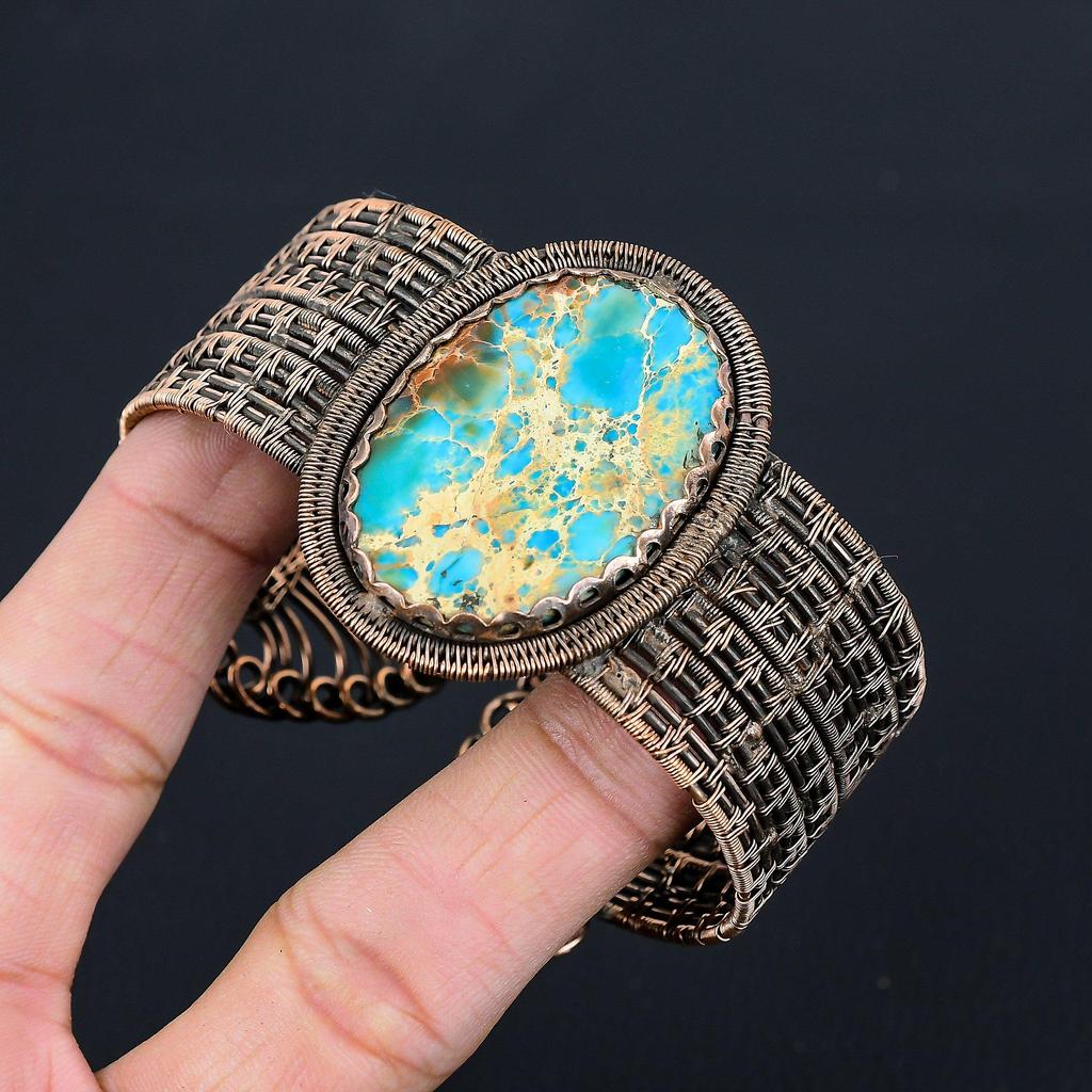 Синий морской осадок, драгоценный камень, чистая медная проволока, завернутая в манжету/браслет ручной работы, регулируемые ювелирные изделия