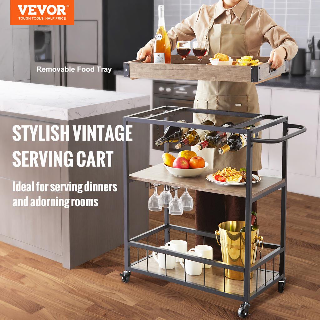 VEVOR 3-Tier Bar Wine Rack Cart Kitchen Food Truck On Wheels Vintage Mobile Serving Trolley w/MDF Board Steel Frame 110/300lbs