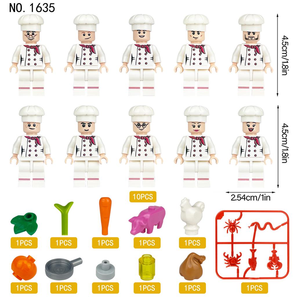 M1635 Chef Building Block Figurine Restaurant Kitchen Cooking Scene Simulation Food Play House Toys