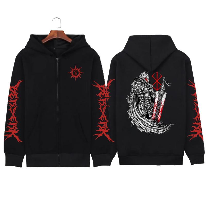 Skull Berserk Zip Up Hoodie Manga Graphic Print Zipper Sweatshirts Men Unisex Long Sleeves Fleece Hooded Streetwear Coats