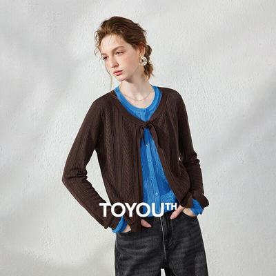 CHUYU Осенний вязаный кардиган с вырезами и бантом