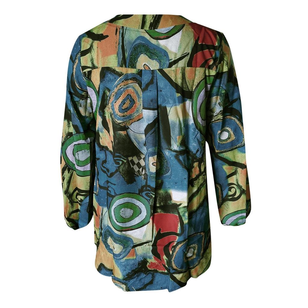 Женская мода Свободная блузка с принтом в стиле бохо с длинным рукавом и v-образным вырезом Свободная рубашка Топ