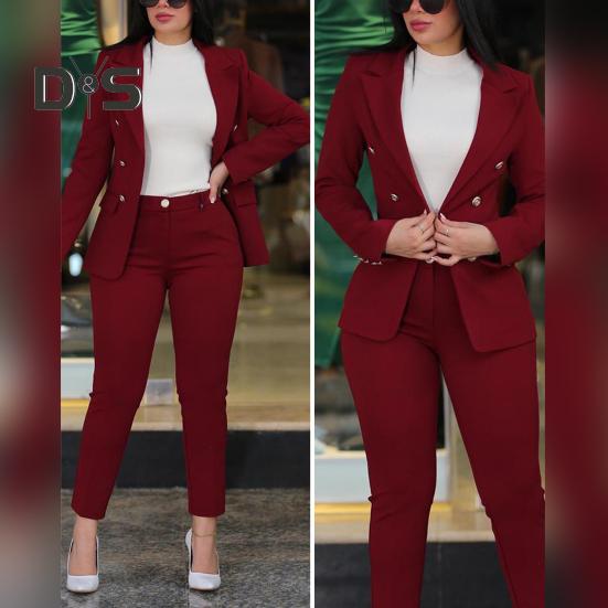 2 Pcs/Set Women Coat Pants Suit Double-breasted Long Sleeve Cadigan Lapel Jacket High Waist Button Zipper Closure Slim Fit Pants Lady OL Commute