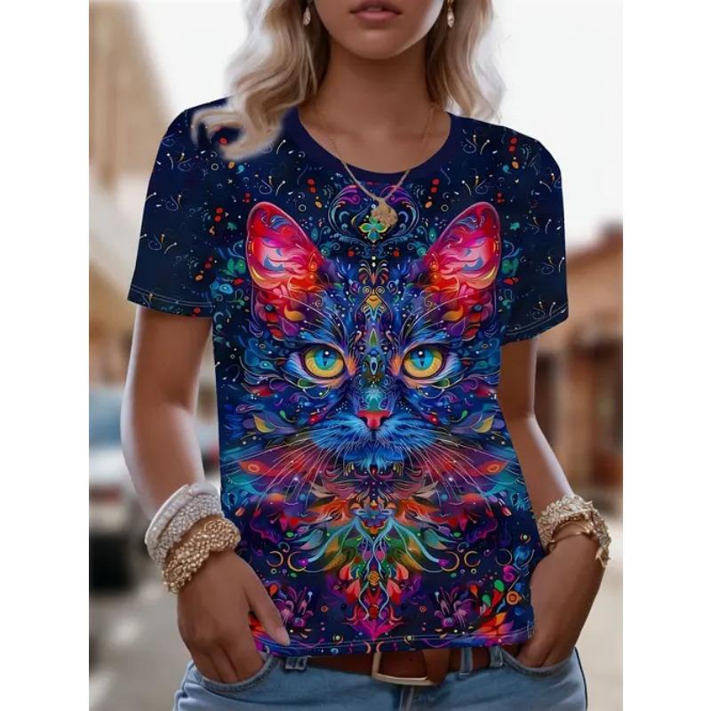 Летняя женская футболка с круглым вырезом, модная уличная футболка с коротким рукавом, 3D-принт с изображением кота, женская одежда больших размеров