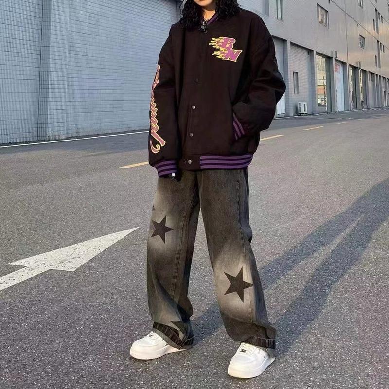 Большие потертые мешковатые джинсы со звездным узором High Street Свободные прямые джинсы Y2K Летние повседневные уличные женские джинсы в стиле хип-хоп
