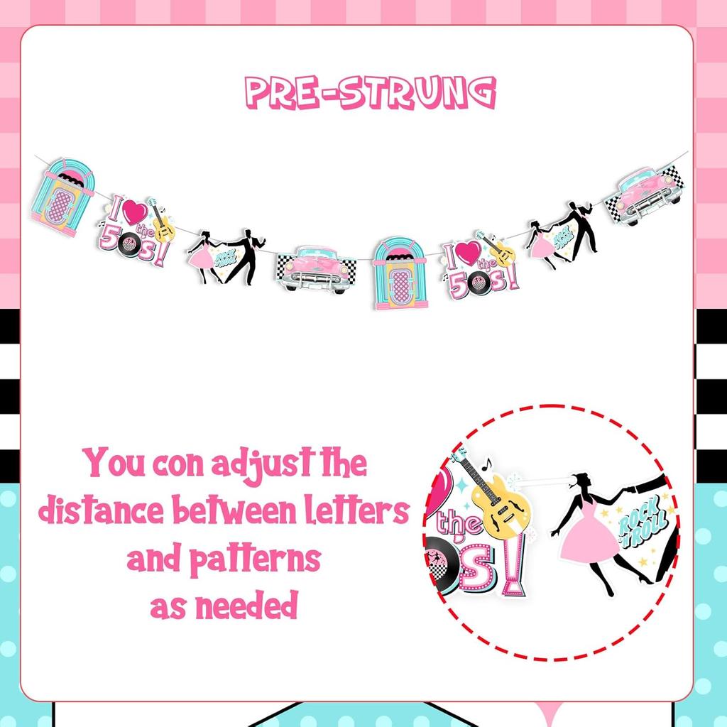 Sock Hop Rock and Roll Banner Garland, 50s Party Decorations, 1950s Theme I Love the 50s Music Themed Birthday Party Supplies Hanging Decors