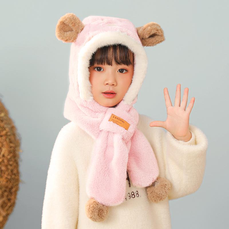 Bear hat, scarf, integrated children's winter thickened warm scarf, anti-fogging lenses, parent-child cycling ear protector