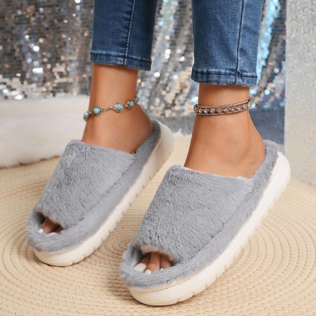 Fashion Faux Fur Keep Warm Slippers Women Winter Open Toe Thick Bottom Plush Slippers Woman Comfort Soft Non-Slip House Cotton Shoes