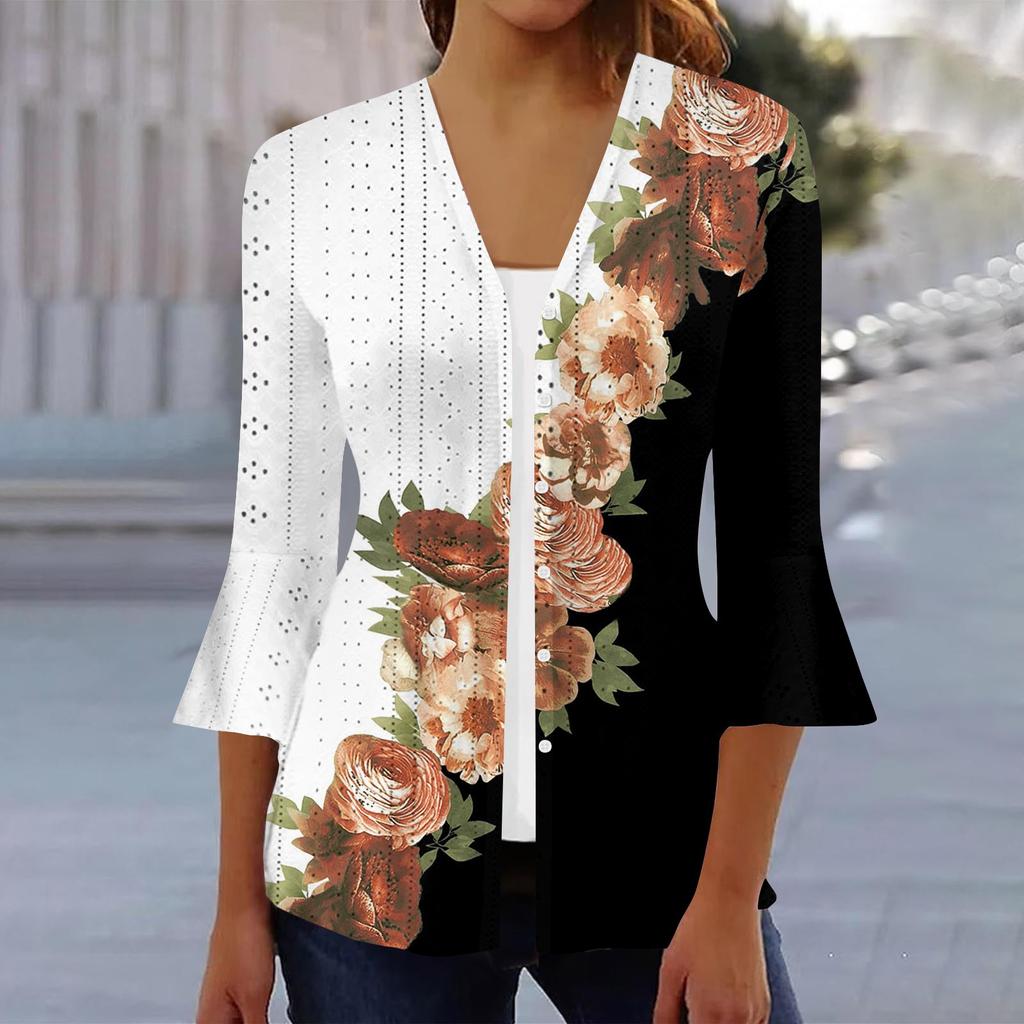 Women's Fashion Loose Casual Printed Three-quarter Sleeve Button Shirt Cardigan Top