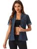 Allegra K Women's Button-Up Denim Shirt with Collar, Short Sleeves, and Chest Pocket, Deep Blue, Size L