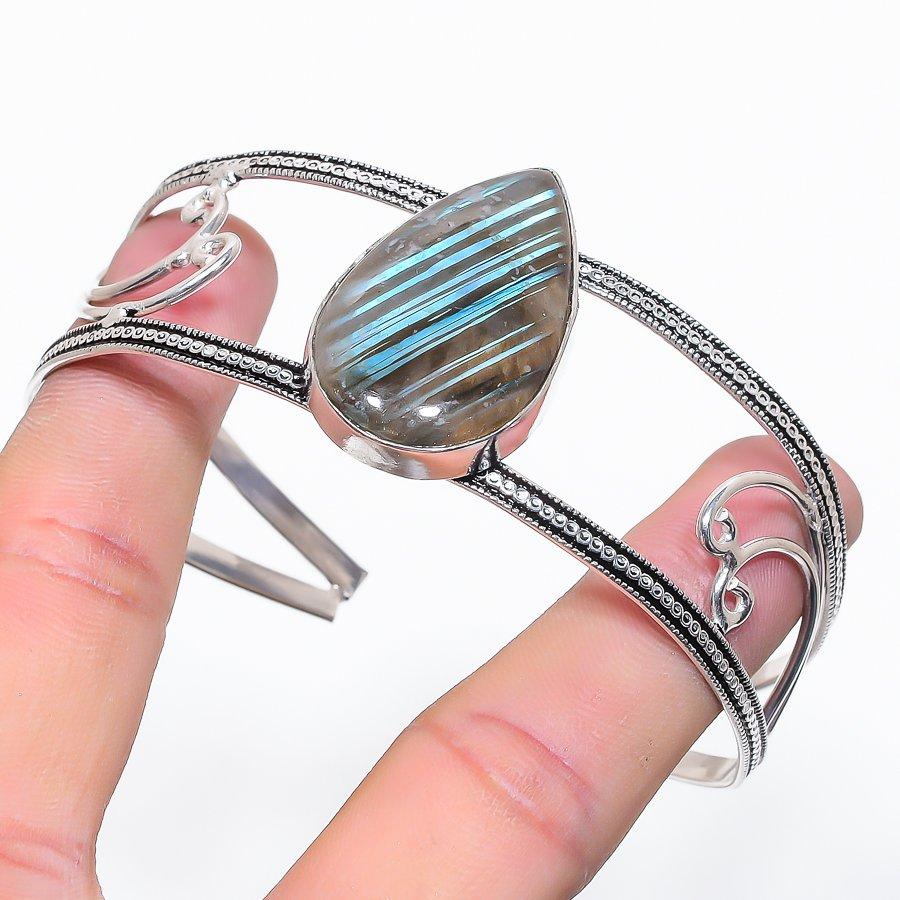 Natural Labradorite Gemstone 925 Sterling Silver Cuff Bangle Adjustable AC-1166