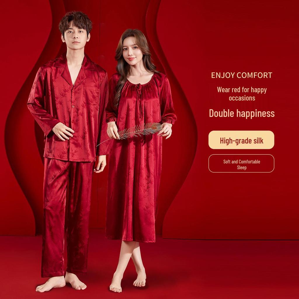 Predestined Match: Bamboo Leaf Jacquard Ice Silk Pajama Set In Festive Red - Autumn/Winter Collection
