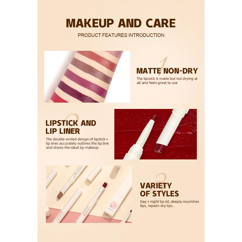 QIBEST Rotating Dual Tip Lipstick Lip Liner Matte Nourishing Matte Non-Fading Non-Stick Single Lipstick Makeup