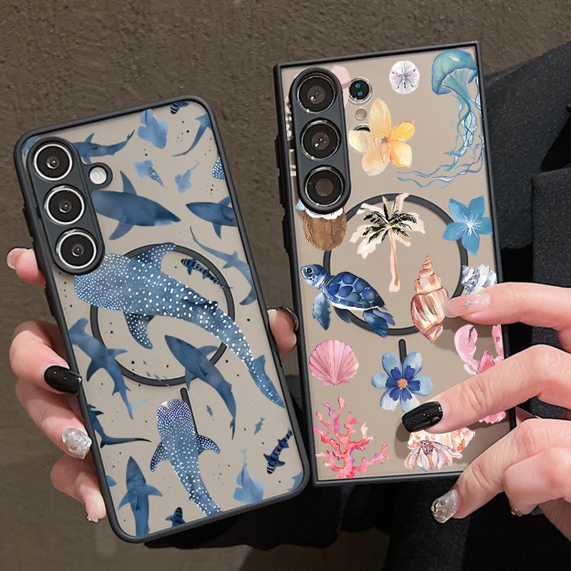 Магнитный чехол с узором китовой акулы для Samsung Galaxy S26 S25 S24 S22 Ultra S24 S23 S25 FE Для Magsafe Матовый Жесткий Чехол для Телефона