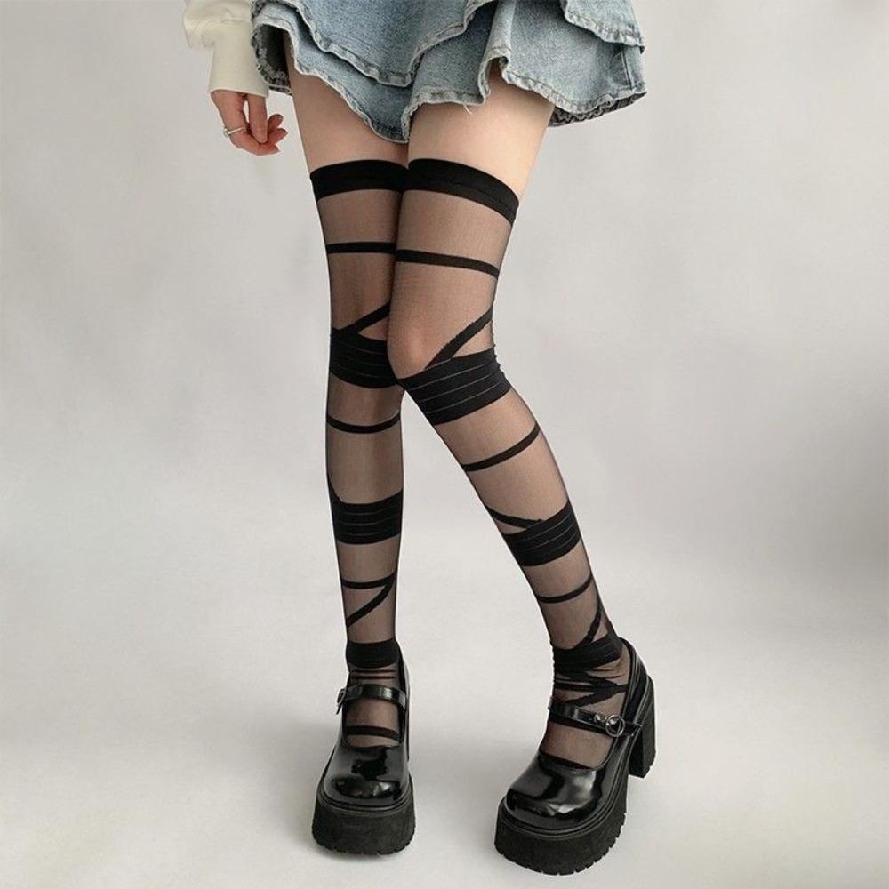 Lolita JK Style High Tube Long Socks Nylon Above Knee Stocking Transparent Stripe Stockings  Summer