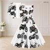 Women Plus Size Two Piece Dress Set Short Sleeve Cropped Shrug Square Neck Sleeveless Tie Waist Flared Long Cartoon Vehicle Printed White