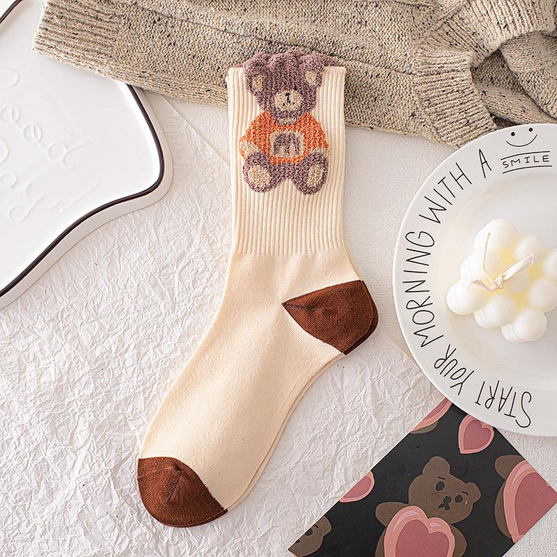 Кофейные носки женские полосатые чулки с перьями из пряжи медведя милые мультяшные носки Майяра