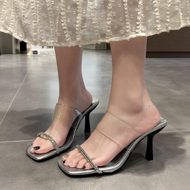 One Word with Rhinestone 2025 Summer New Square Head Thin Heel Internet Celebrity Transparent High Heel Open Toe Slippers Outside Wear