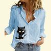 Женская мода хлопок льняная рубашка повседневный тонкий длинный рукав топ дамы кошачий принт застегивающаяся блузка